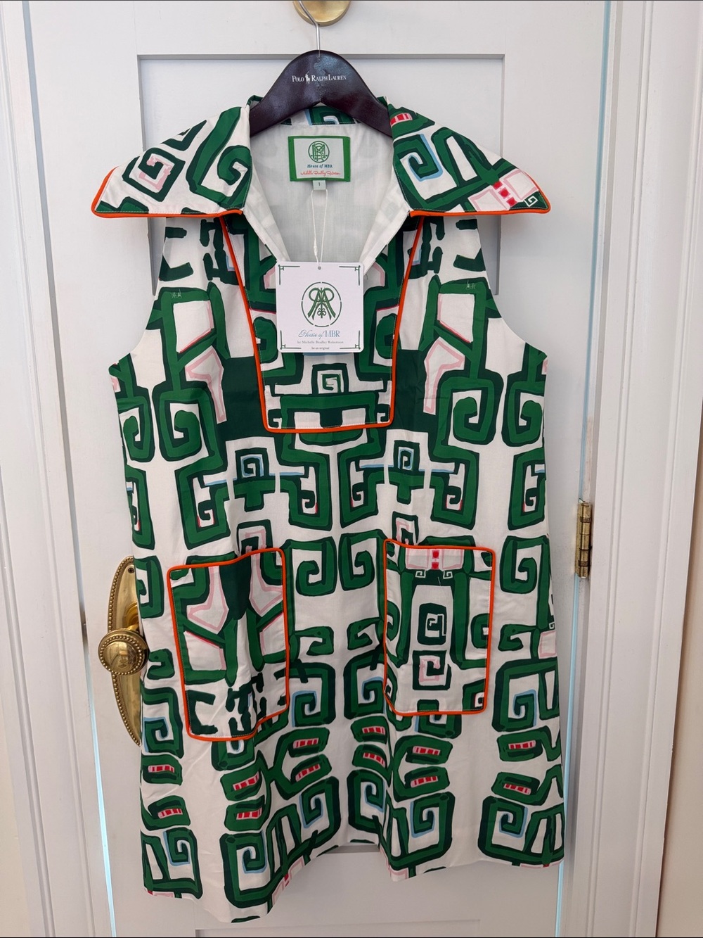 NEW House of MBR Green Geometric Shift Dress with Contrast Trim
